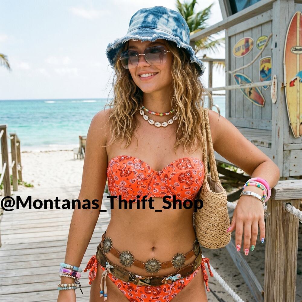 Orange Paisley Bandana Bikini Swim Top Strapless Sweetheart Bandeau Y2K boho - M